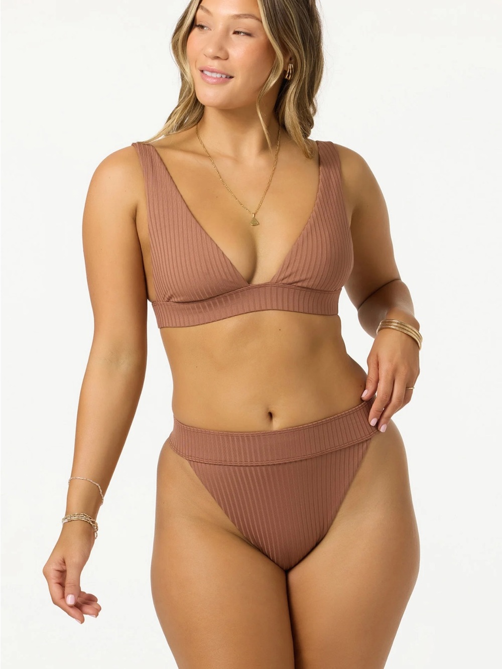 O’Neill Ribbed V-Neck Brown Bikini Top & High-Waist Bottoms - Women Swim